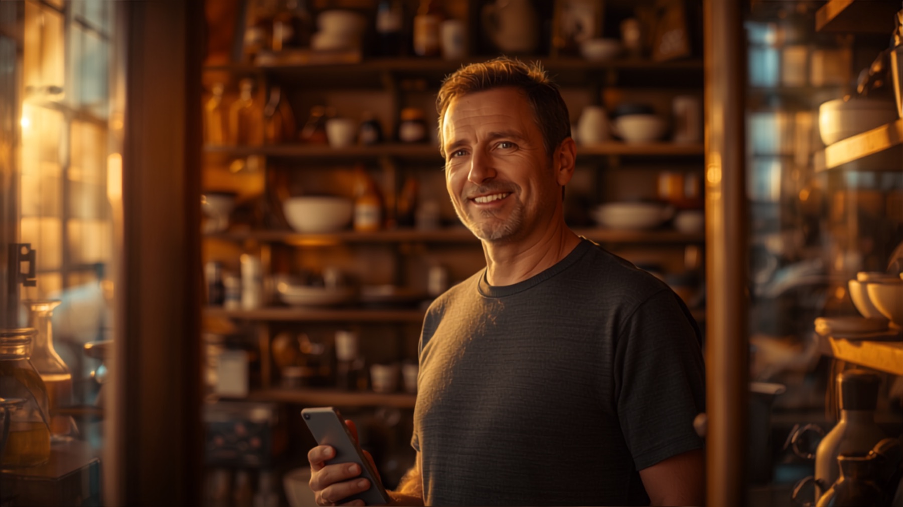 A shop owner smiling in his warmly lit store, phone in hand